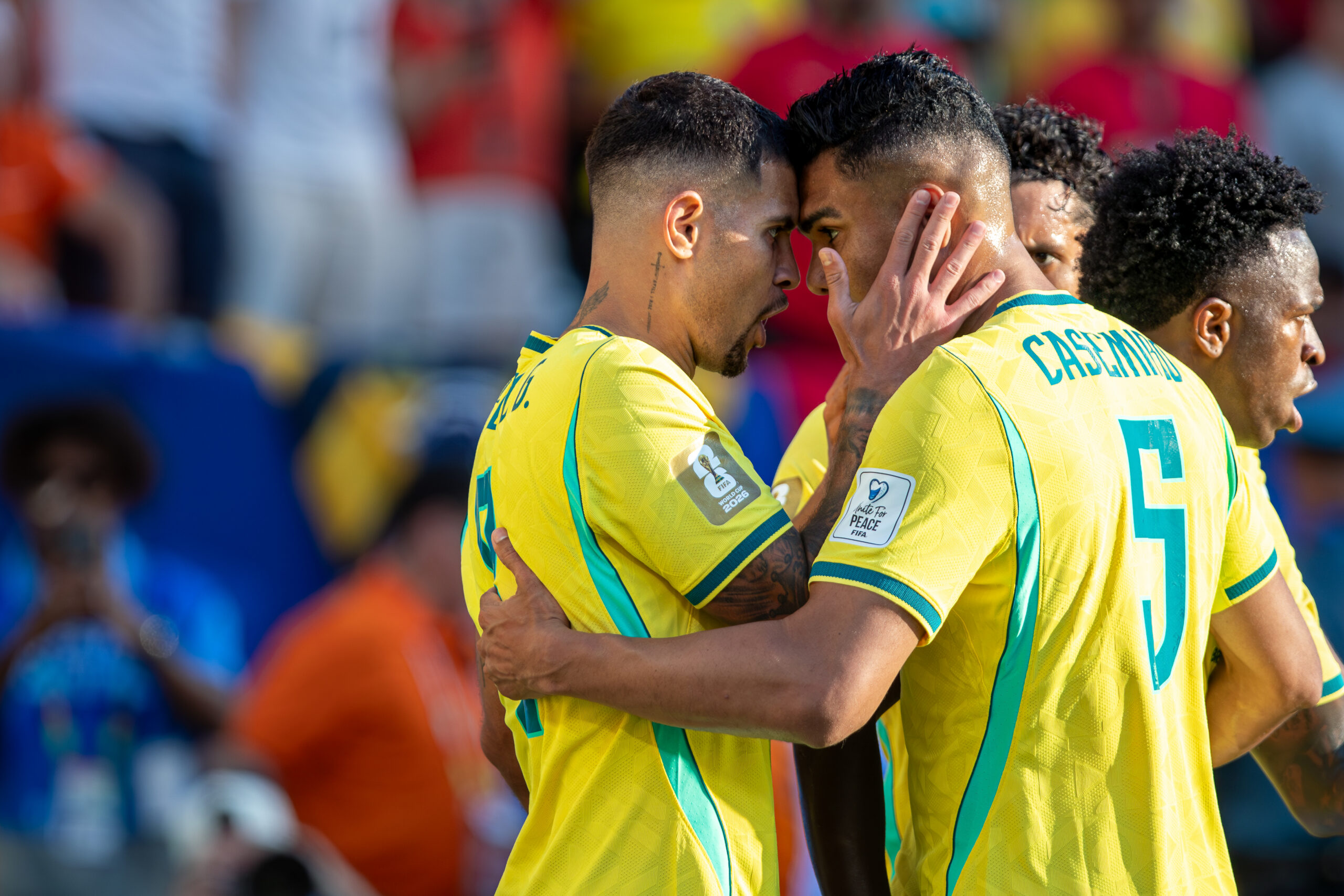 EAST RUTHERFORD, NJ 06/13/2026 2026 FIFA WORLD GROUP C STAGE BRAZIL vs. MOROCCO: Bruno Guimares celebrates Vinicius Junior goal with teammates Lucas Paqueta against Morocco at New York New Jersey Stadium. - Photo by Irish Maliborski/