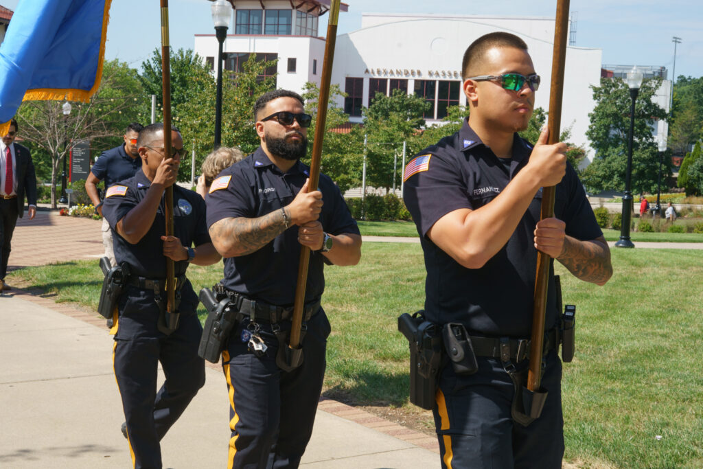 Montclair State Police making their way towards the Student Center with ceremonial flags, Wednesday, Sep. 16, 2026.