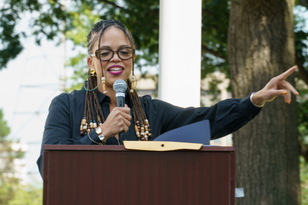 Carmen Gandulla, Chief Equity Officer of The C Company, addressing students at flag raising ceremony, Wednesday, Sep. 16, 2026.
Jamiel Negron | The Montclarion