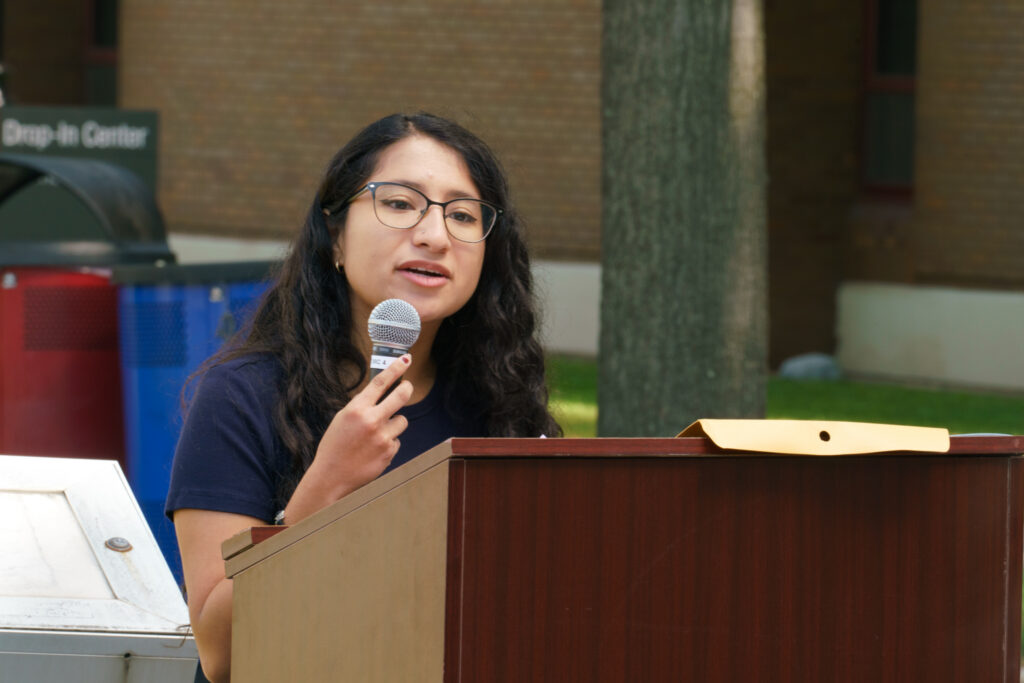LASO President, Abigail Diaz, addressing crowd at flag raising ceremony, Wednesday, Sep. 16, 2026.