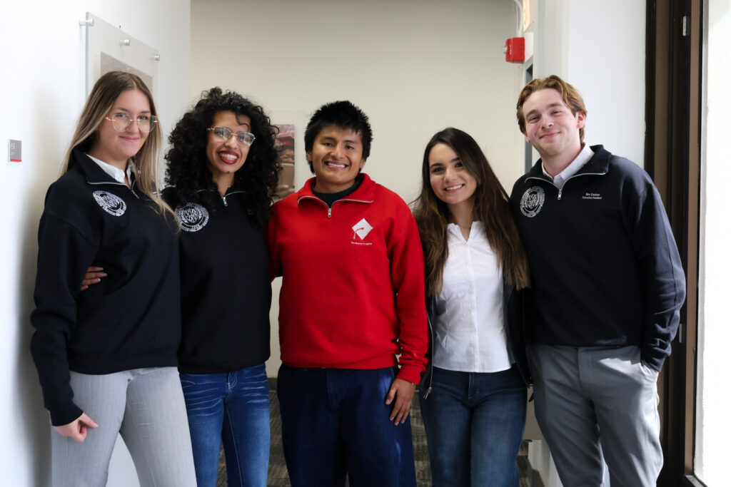 Montclair, N.J., Sept. 23, 2026                            From left, SGA Executive Treasurer Lea Spasic, SGA Executive Secretary Clementine Soto, Executive Vice President-elect Mateo Llano, SGA Attorney General Ruveyda Akyurek and SGA Executive President Ben Coulson pose for a photo following Llano’s election at Montclair State University. Emily Ramirez | The Montclarion