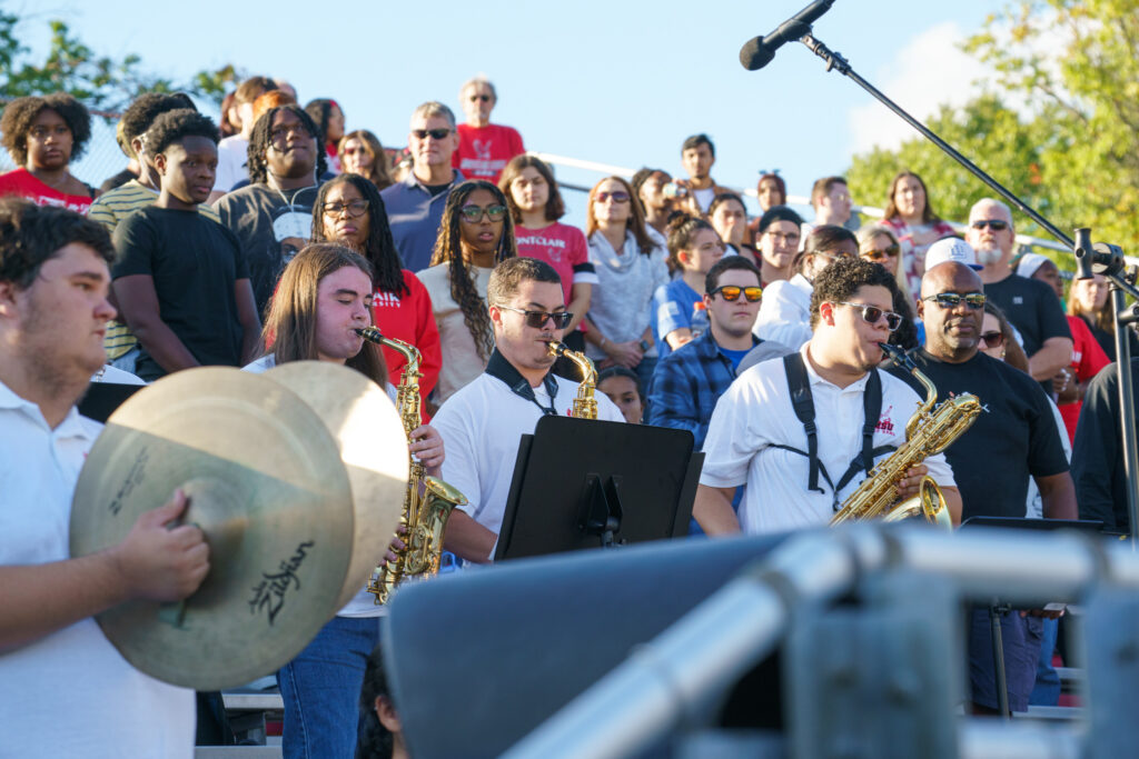 Montclair State University Pep Band performing among the crowd during the homecoming football game, Saturday, Oct. 3, 2026.