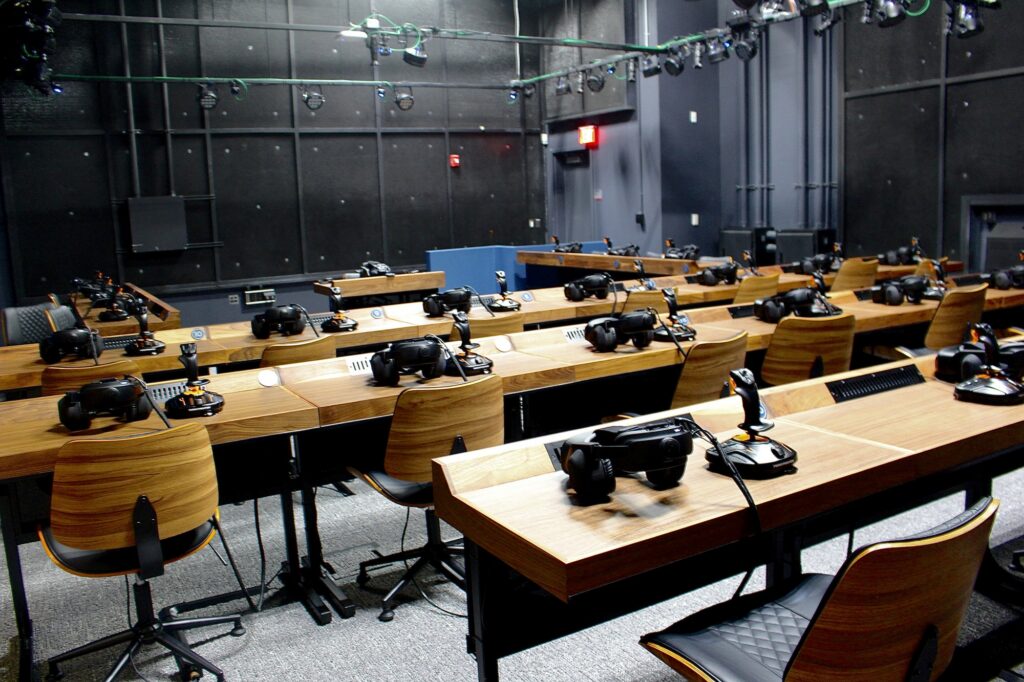 LITTLE FALLS, NJ. 09-24-26, DREAMSCAPES LEARN: Headsets and joysticks in the classroom portion of the Dreamscapes Learn lab. Photo by Kaitlin Swift