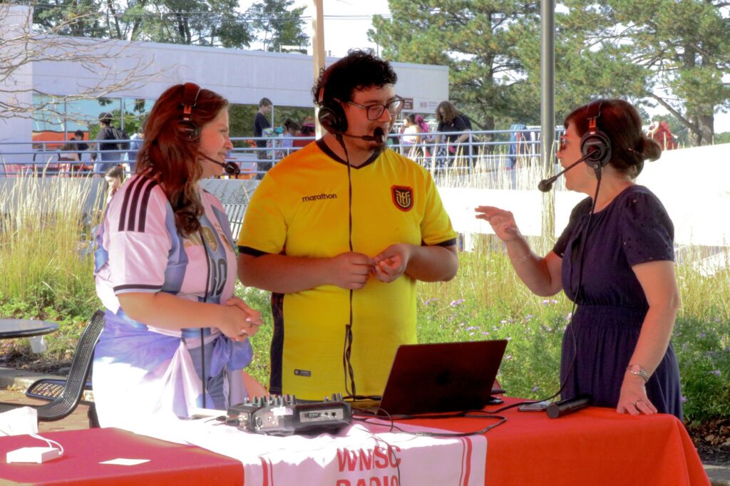 MONTCLAIR, NJ. 10-14-2026. HISPANIC HERITAGE MONTH BLOCK PARTY - WMSC: On October 14th 2026, WMSC the radio station for the College of Communications and Media had their broadcast on the quad in Montclair State University. They invited anyone to come on the radio to talk about the block party and their thoughts to their listeners. Photograph taken by Estefano Quispe.